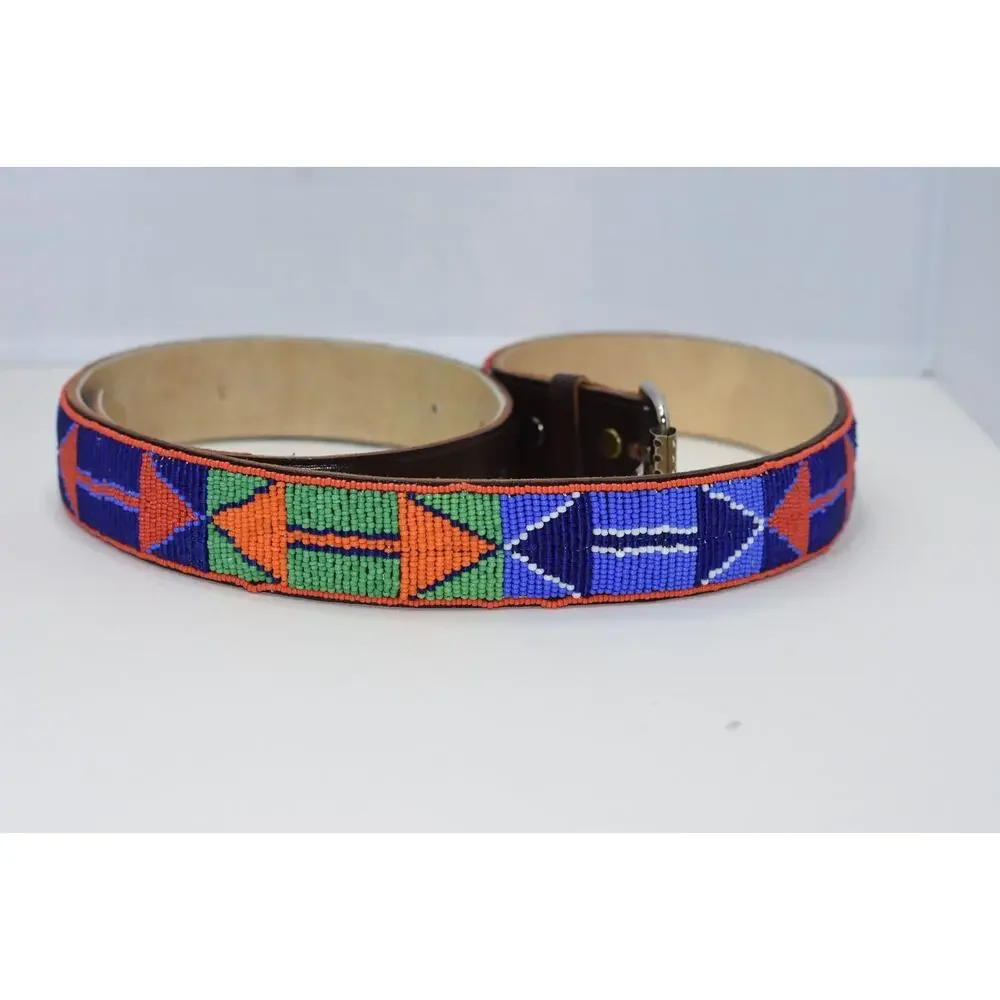 UNISEX BoHo Hand Beaded Maasai Leather Belt with Silver Tone Buckle 34-40